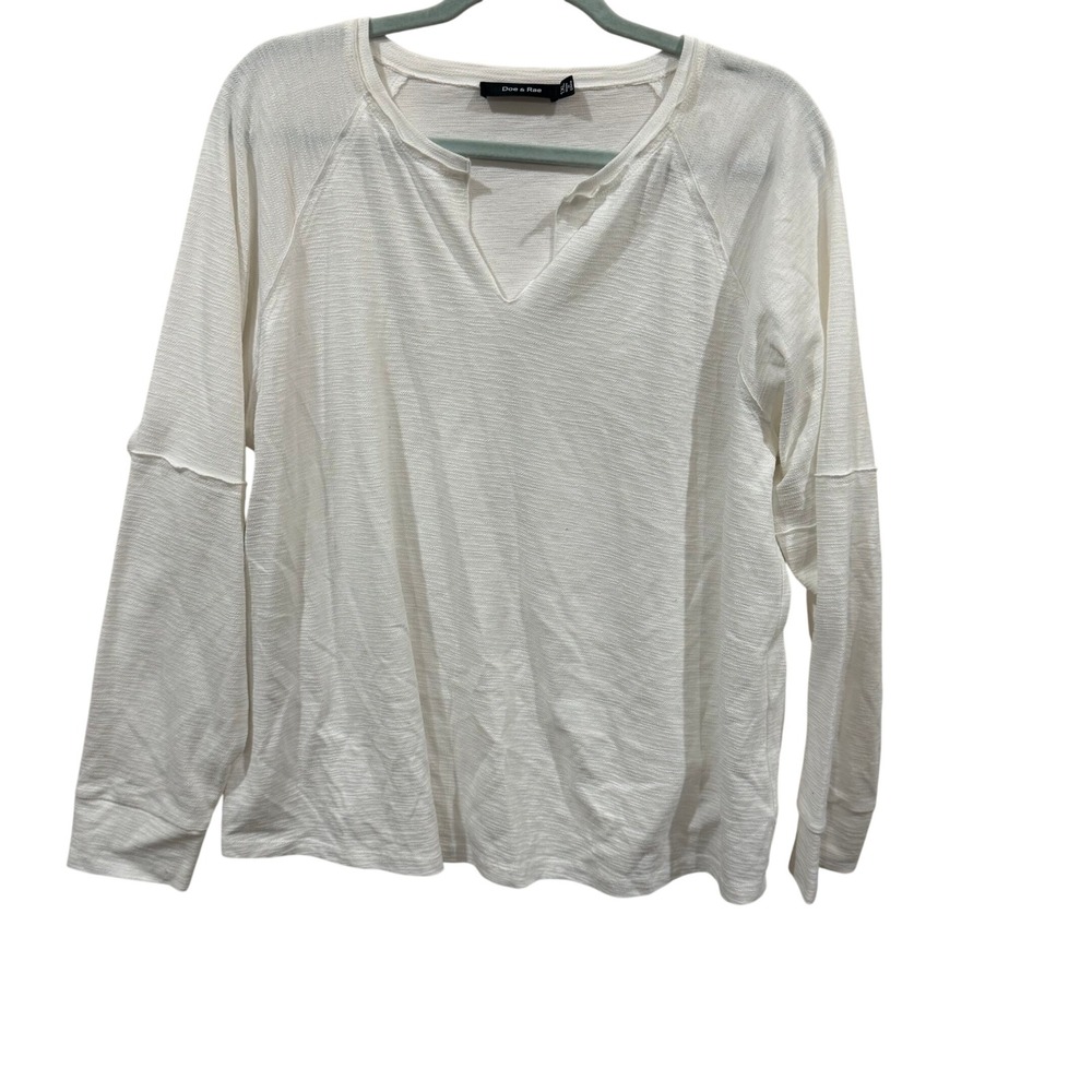 Doe & Rae Womens 1XL Cream Textured Split Neck Long Sleeve Raglan Top 42485TPL